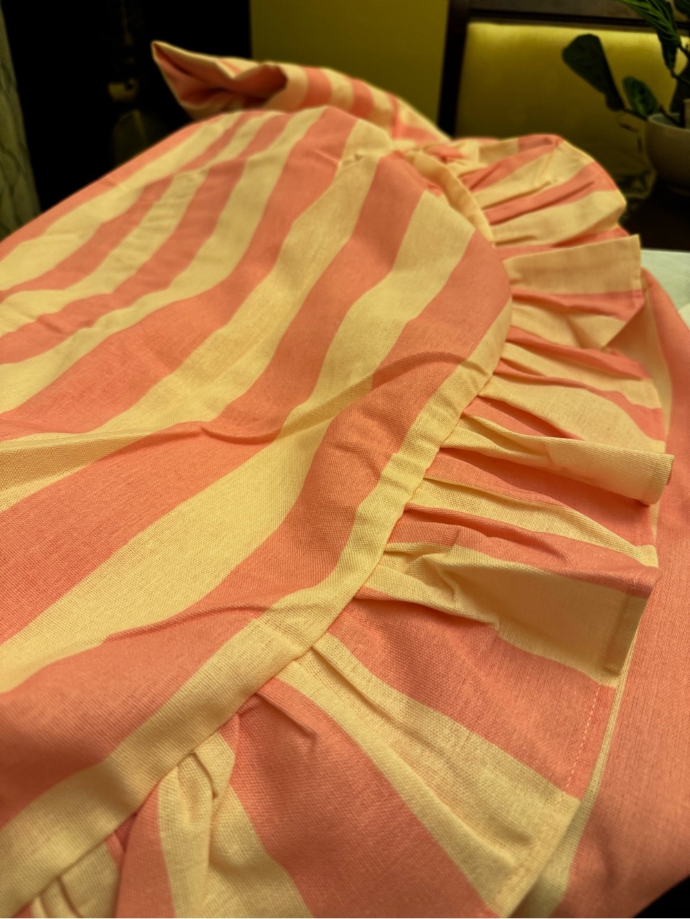 Striped Pink and Cream Ruffle  Table cloth 84x60